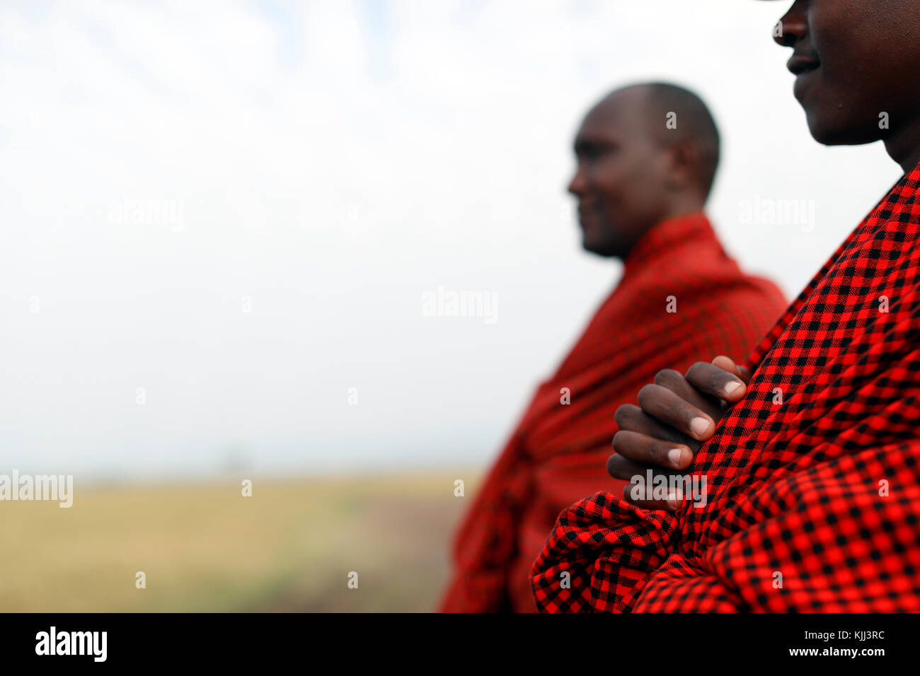 Les Masais hommes portant des vêtements traditionnels colorés. Le Masai Mara. Au Kenya. Banque D'Images