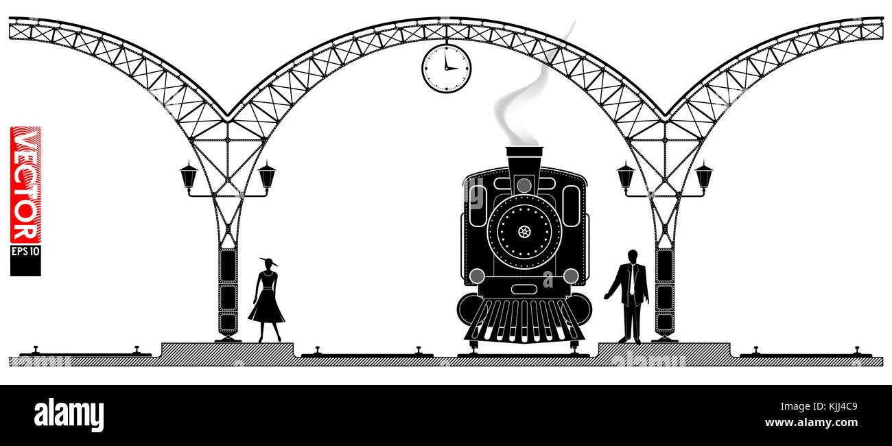 Un ancien bâtiment de l'arche metal gare. les gens et la vapeur locomotiv sur la plate-forme. profil noir Illustration de Vecteur