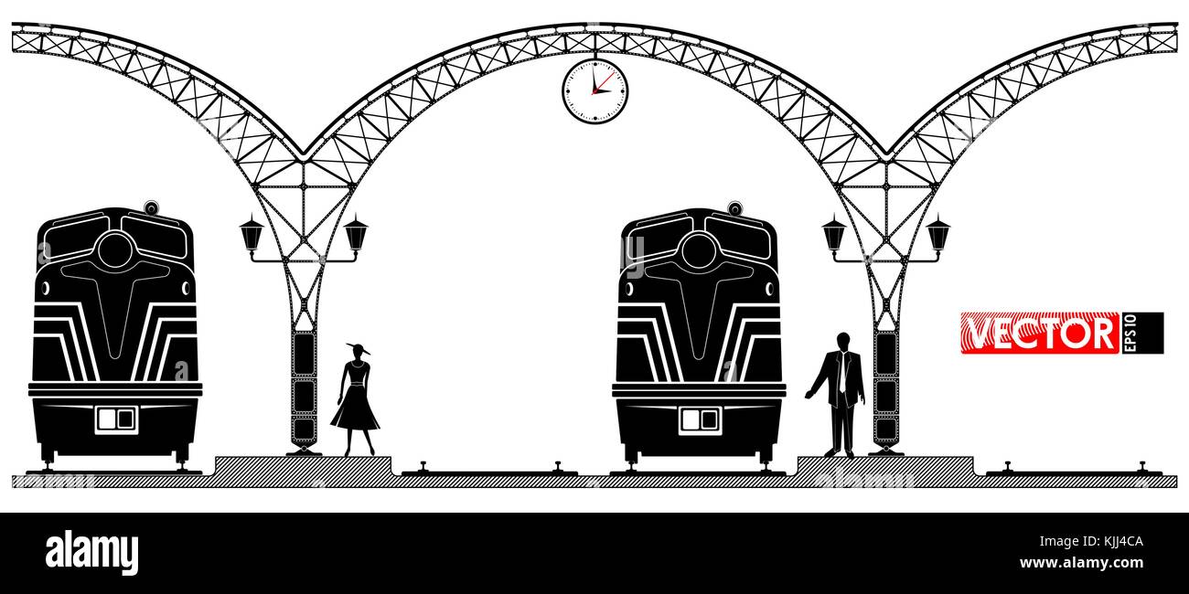 Un ancien bâtiment de l'arche metal gare. personnes et des locomotives sur la plate-forme. profil noir. Illustration de Vecteur