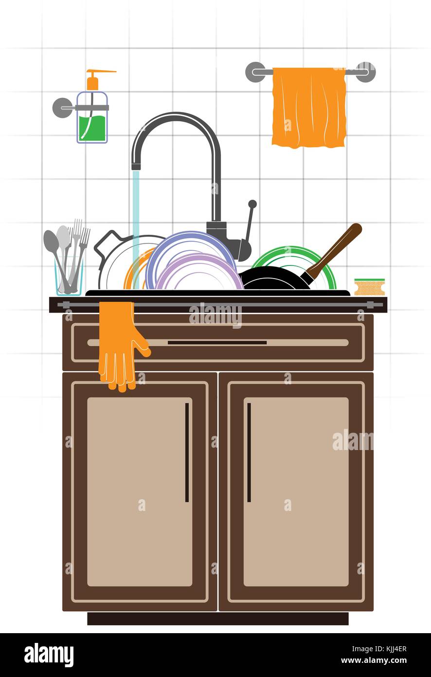 Une montagne de plats sales sales dans l'évier dans la cuisine. plaques, casserole et poêle. mur carrelé et meubles de cuisine. Illustration de Vecteur