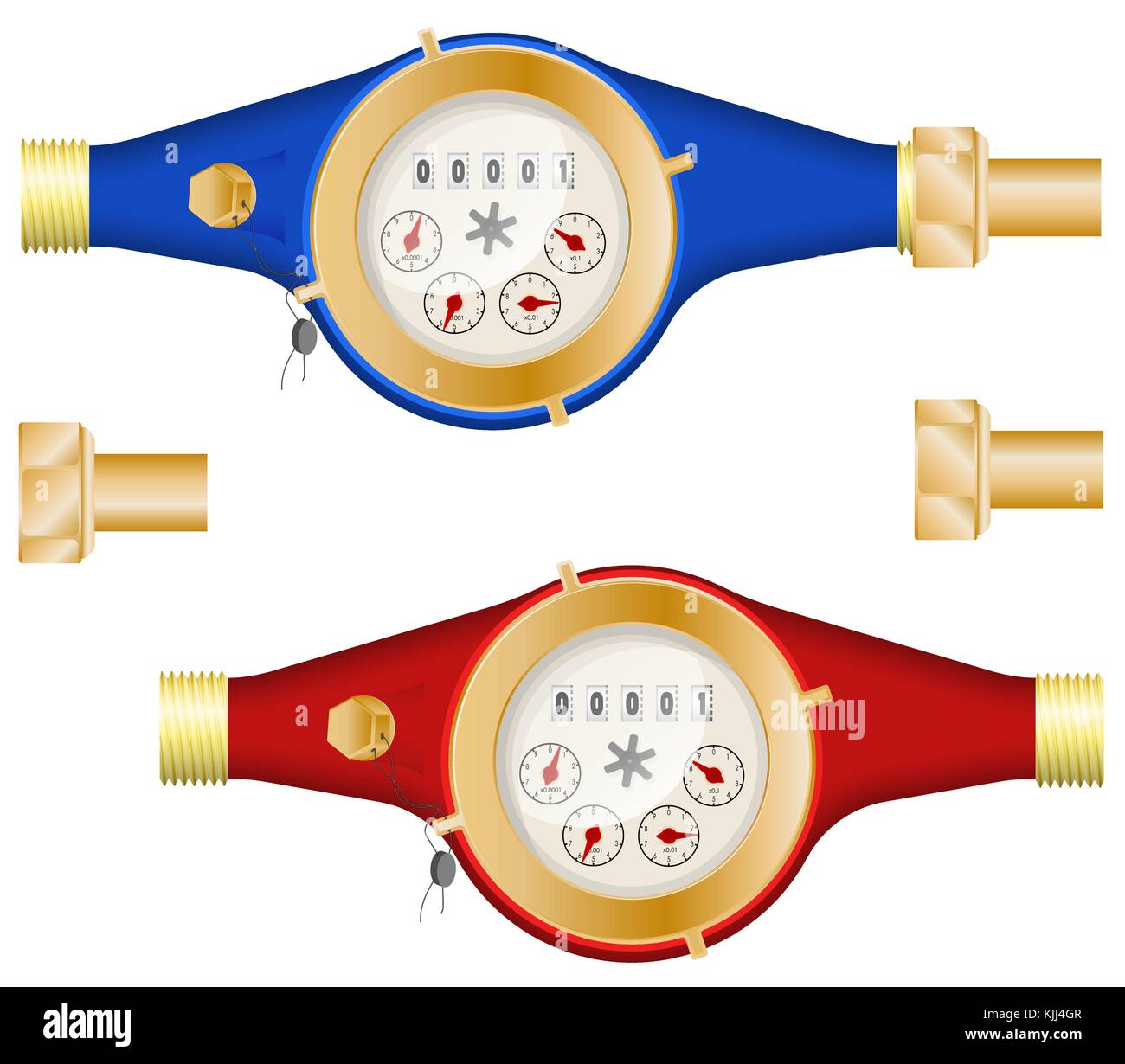 Le compteur mécanique du passé de l'eau. de la construction métallique. chaud et froid. l'économie d'énergie et d'argent. Illustration de Vecteur