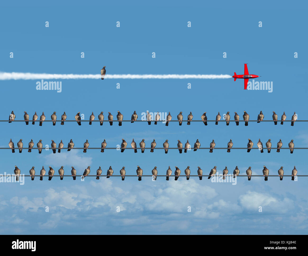 Possibilité créative et innovatrice nouvelle pensée comme un groupe d'oiseaux sur les fils d'un individu assis sur la traînée de fumée d'un avion à réaction. Banque D'Images