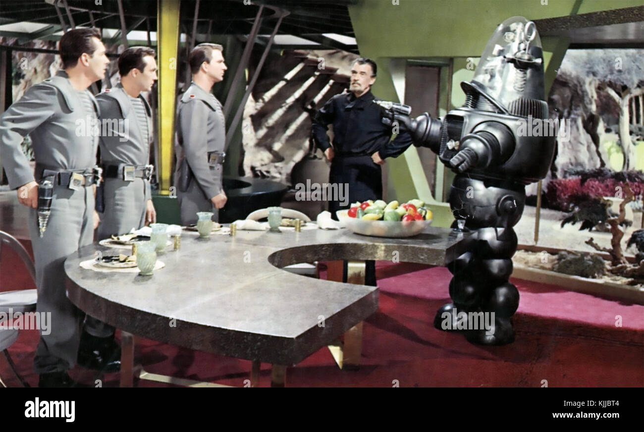 PLANÈTE interdite 1956 MGM science fiction film avec de droite Robby the robot, Walter Pigeon, Leslie Nielsen Banque D'Images