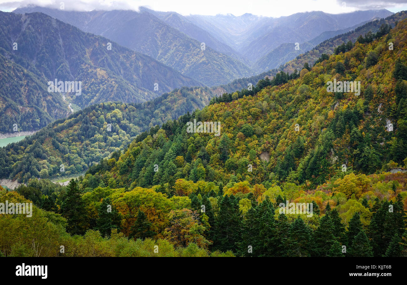 Les montagnes d'automne à jour brumeux à Toyama, Japon. Toyama est une préfecture du Japon située dans la région du Hokuriku sur la principale île de Honshu. Banque D'Images