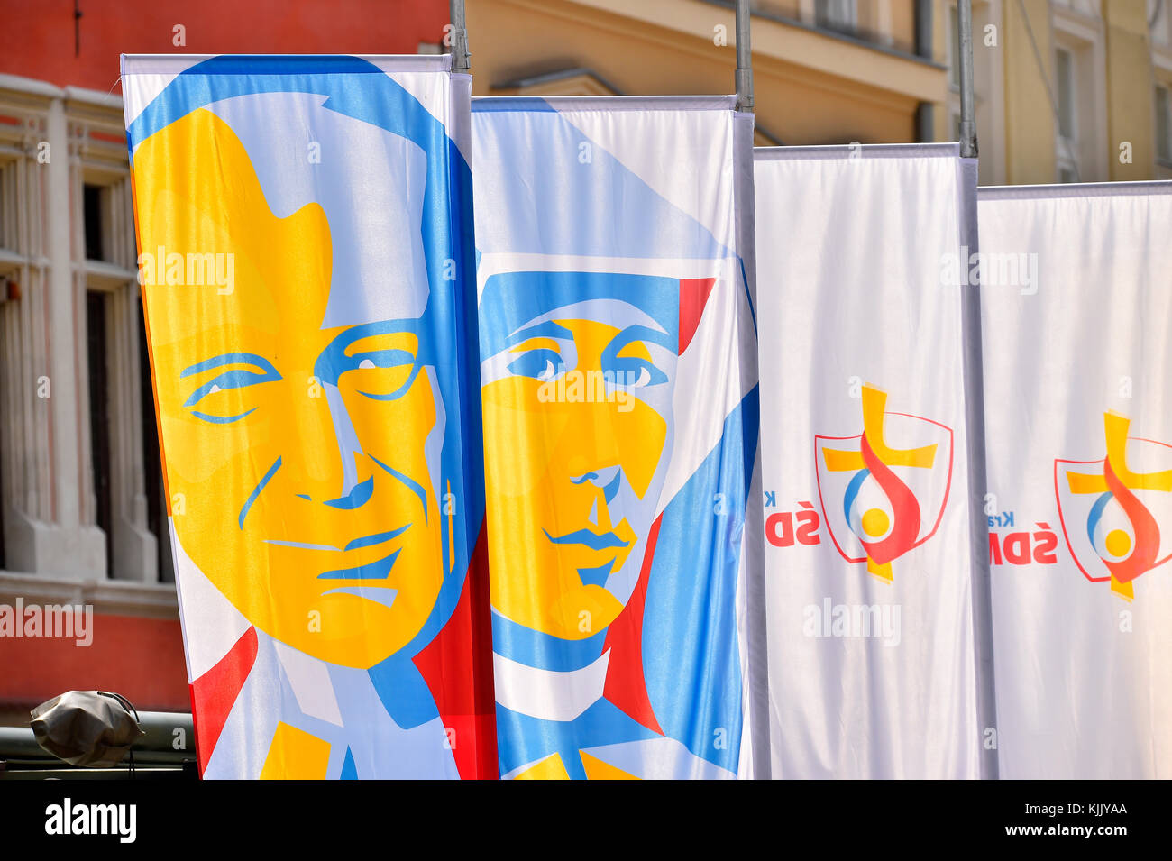 Journée mondiale de la jeunesse. Cracovie. 2016. Des bannières. La Pologne. Banque D'Images