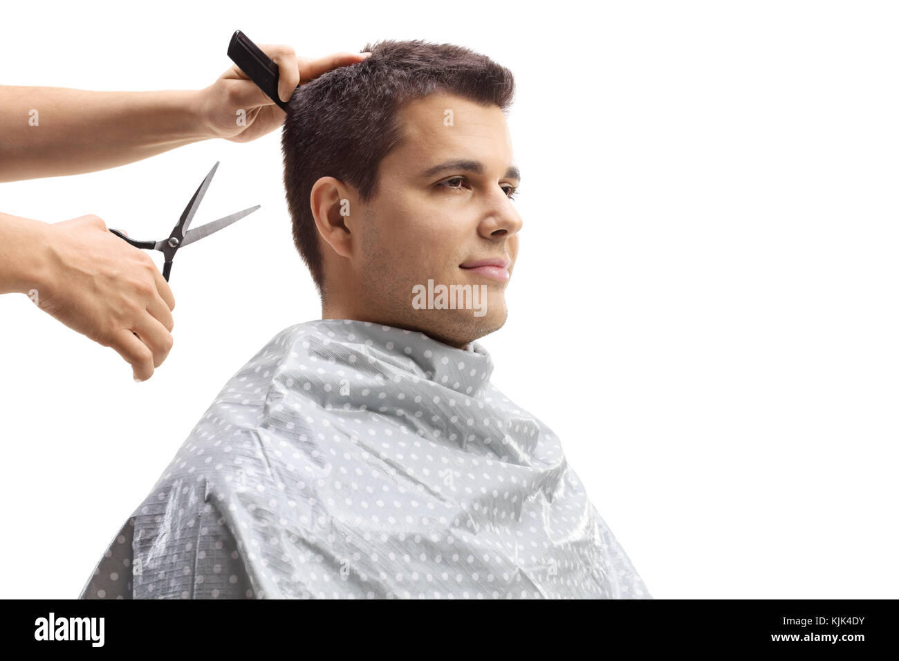 Homme avoir couper les cheveux isolé sur fond blanc Banque D'Images