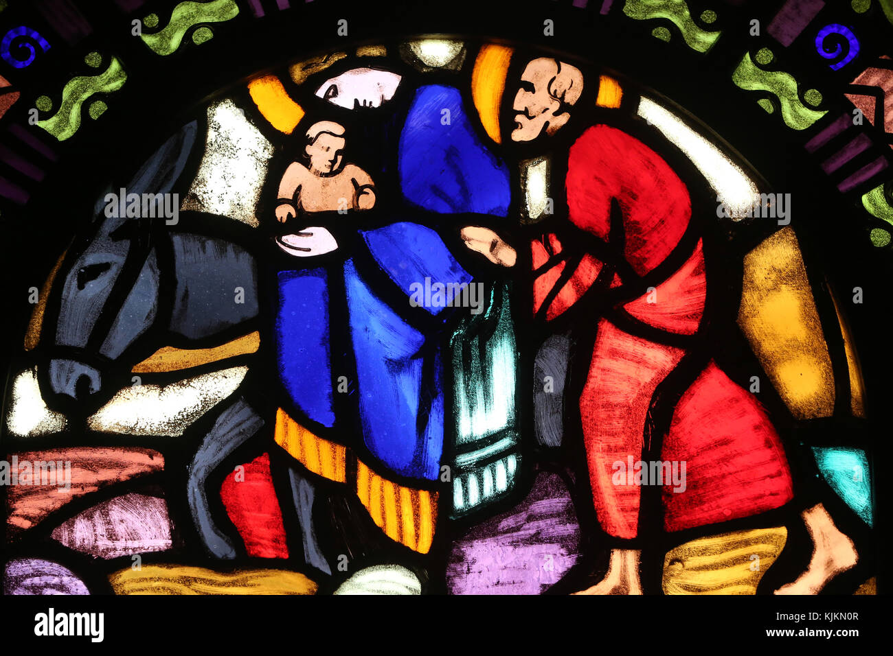 L'église Saint-Paul. Vitrail d'un Cingria (1916). La Sainte Famille. Fuite en Égypte. Genève. La Suisse. Banque D'Images