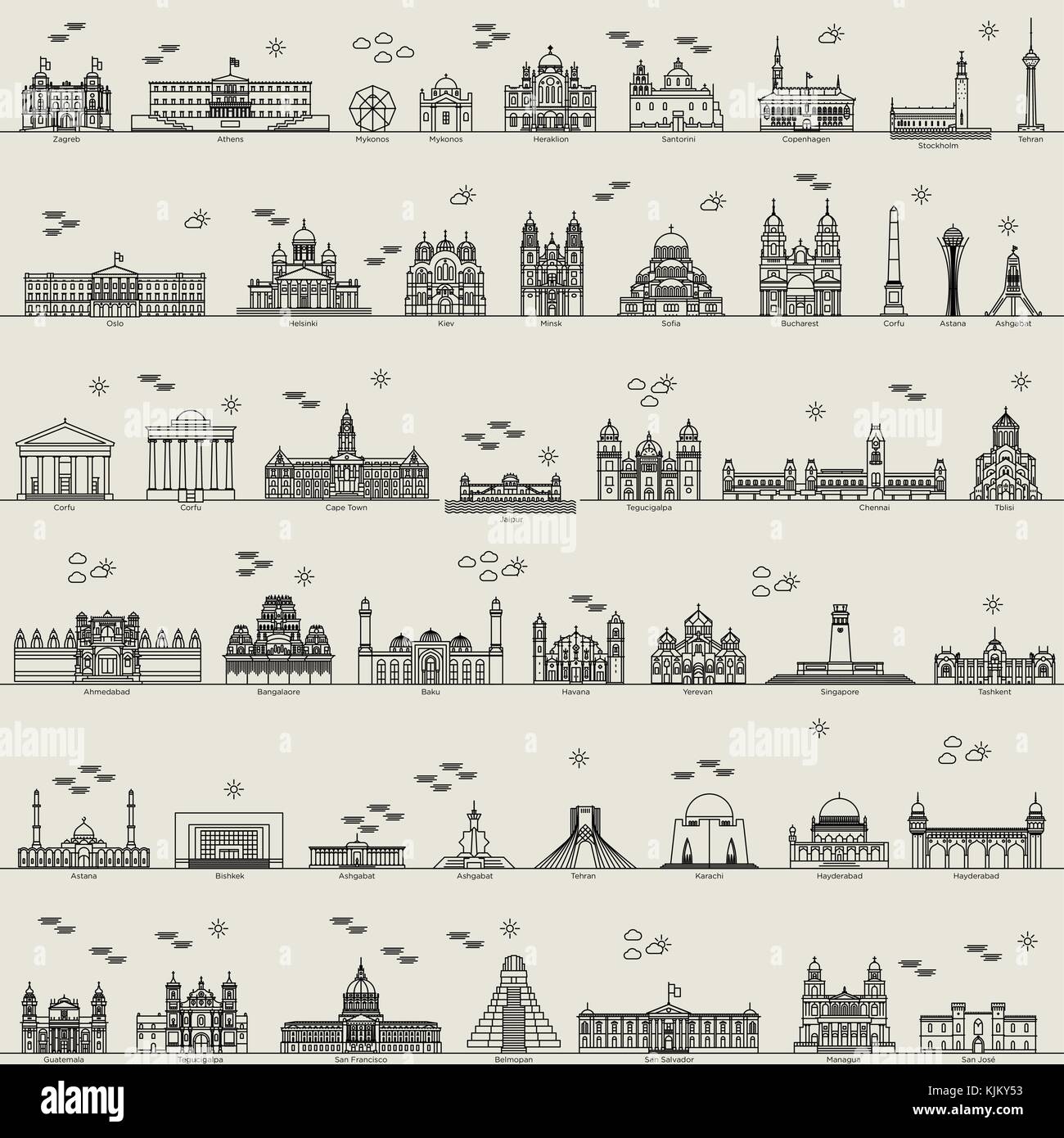 Ligne vectorielle world city collection définir l'icône sign Illustration de Vecteur