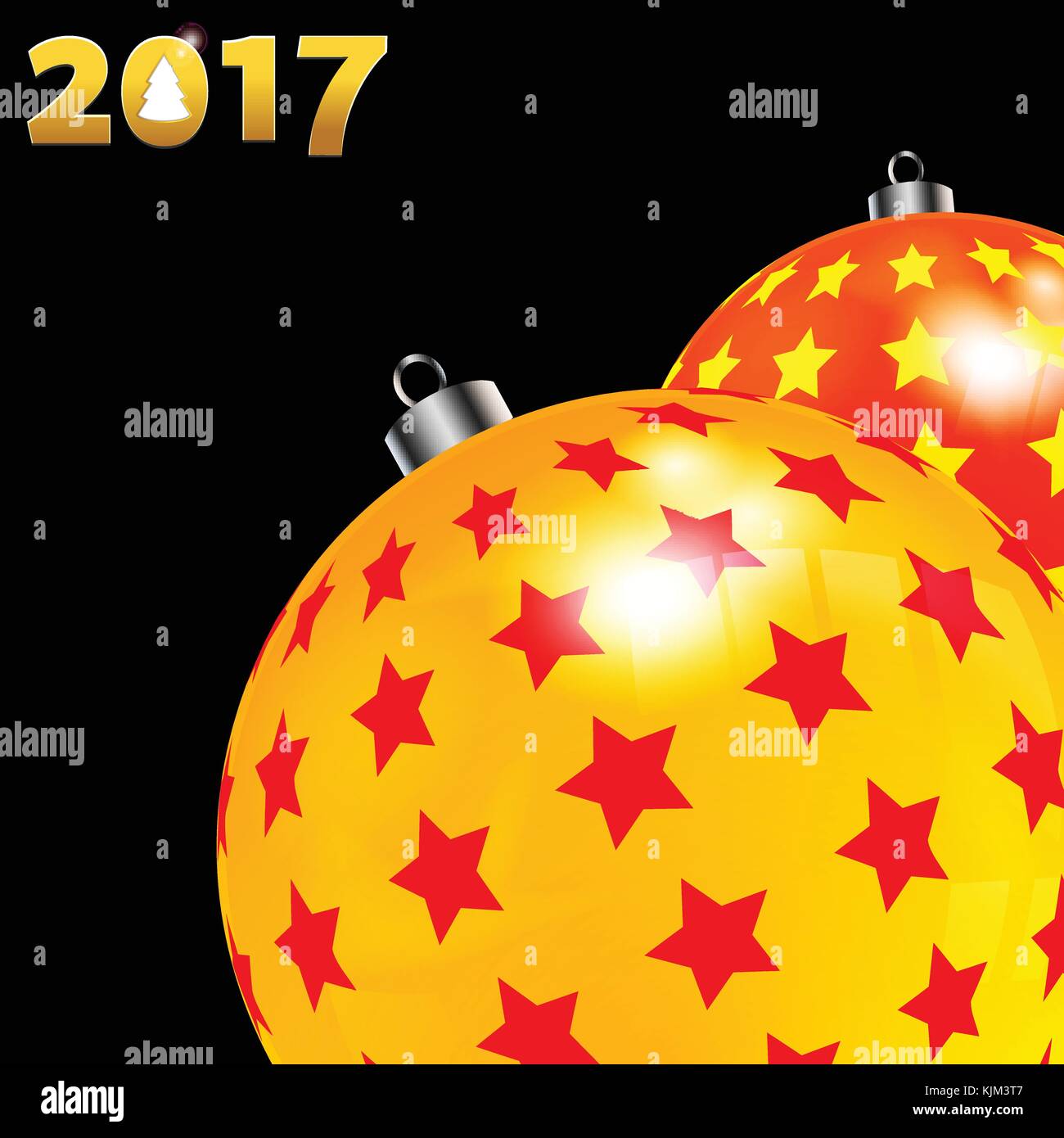 Illustration 3d de la décoration de Noël baubles rouge et jaune avec des étoiles sur fond noir avec la date en chiffres d'or et découper l'arbre de Noël Illustration de Vecteur