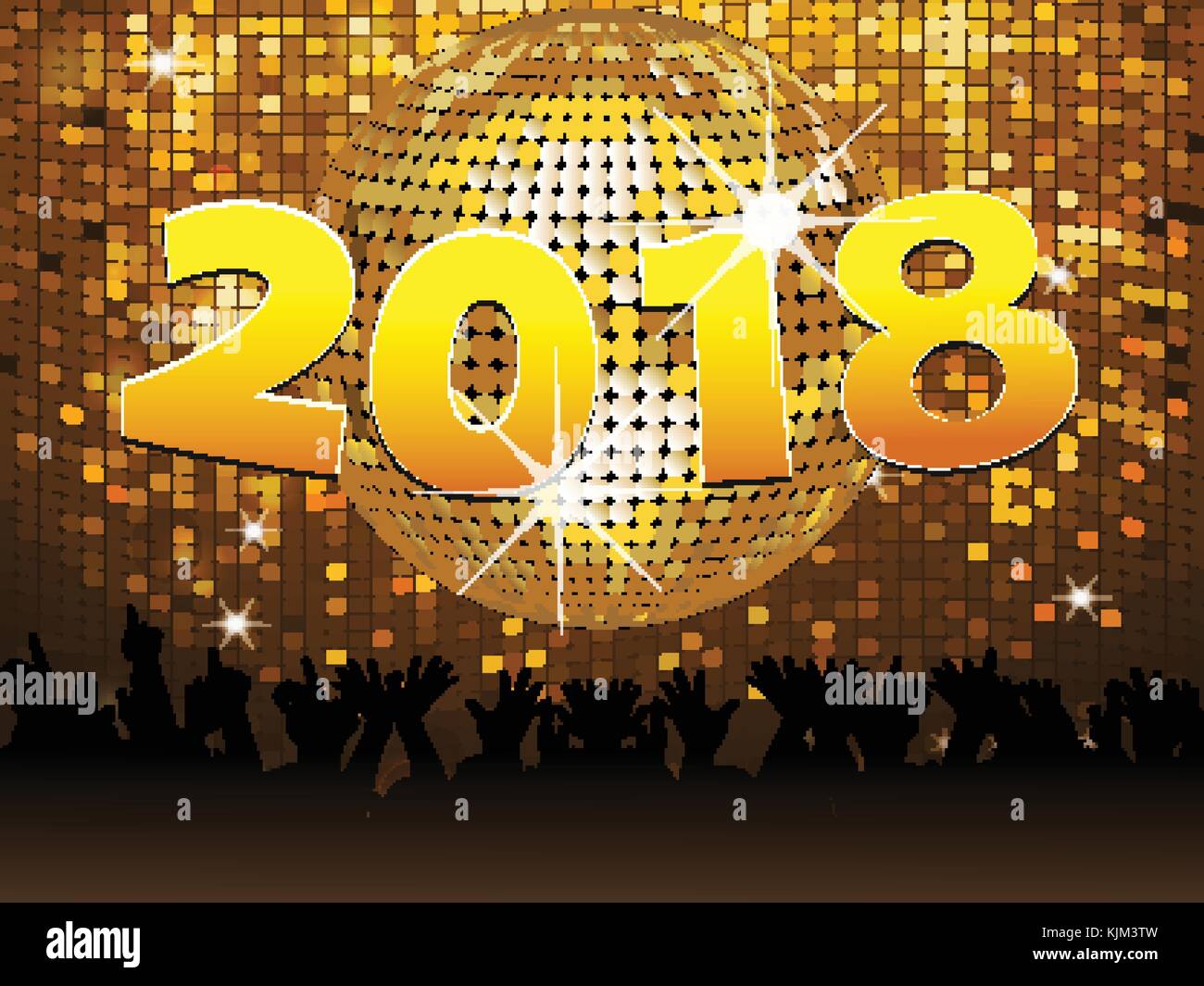 Vingt dix-huitième jour de l'an dans les numéros d'or plus de boule disco sur tuiles dorées mur avec foule Illustration de Vecteur