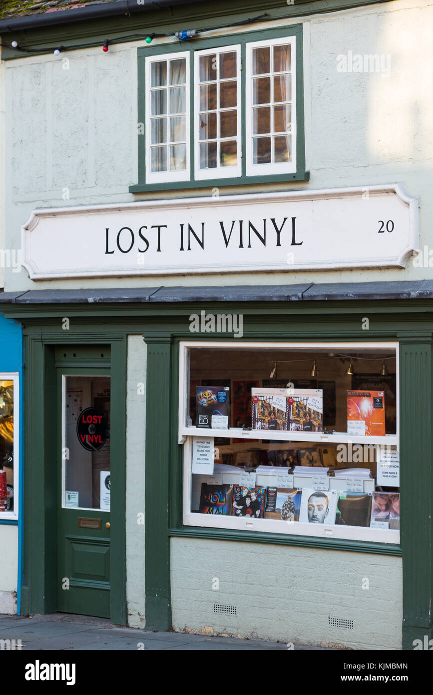 Disque vinyle boutique spécialisée sur Bridge St., Cambridge, Angleterre, Royaume-Uni. Banque D'Images