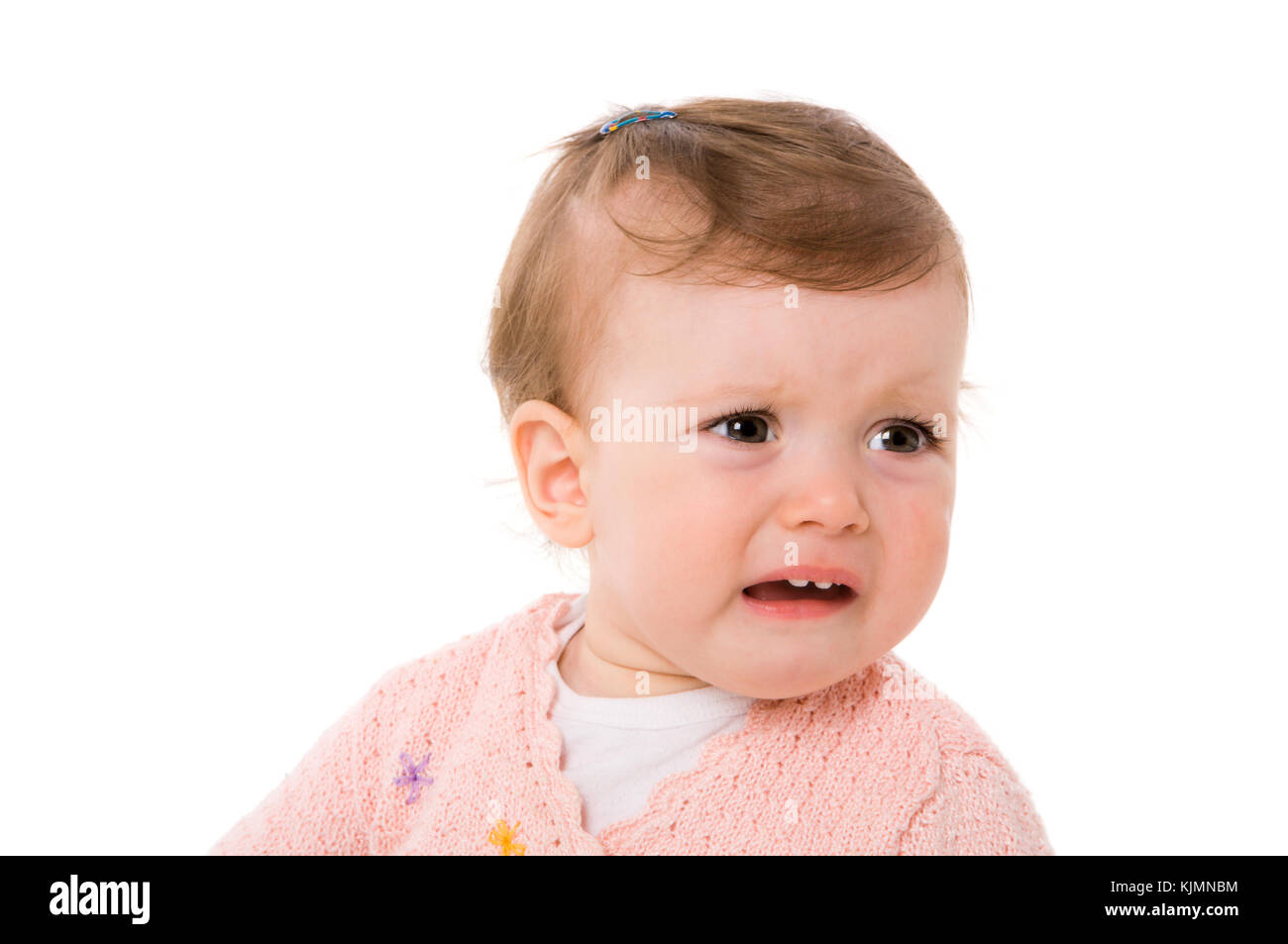 Peu de pleurs bébé portrait isolated on white Banque D'Images