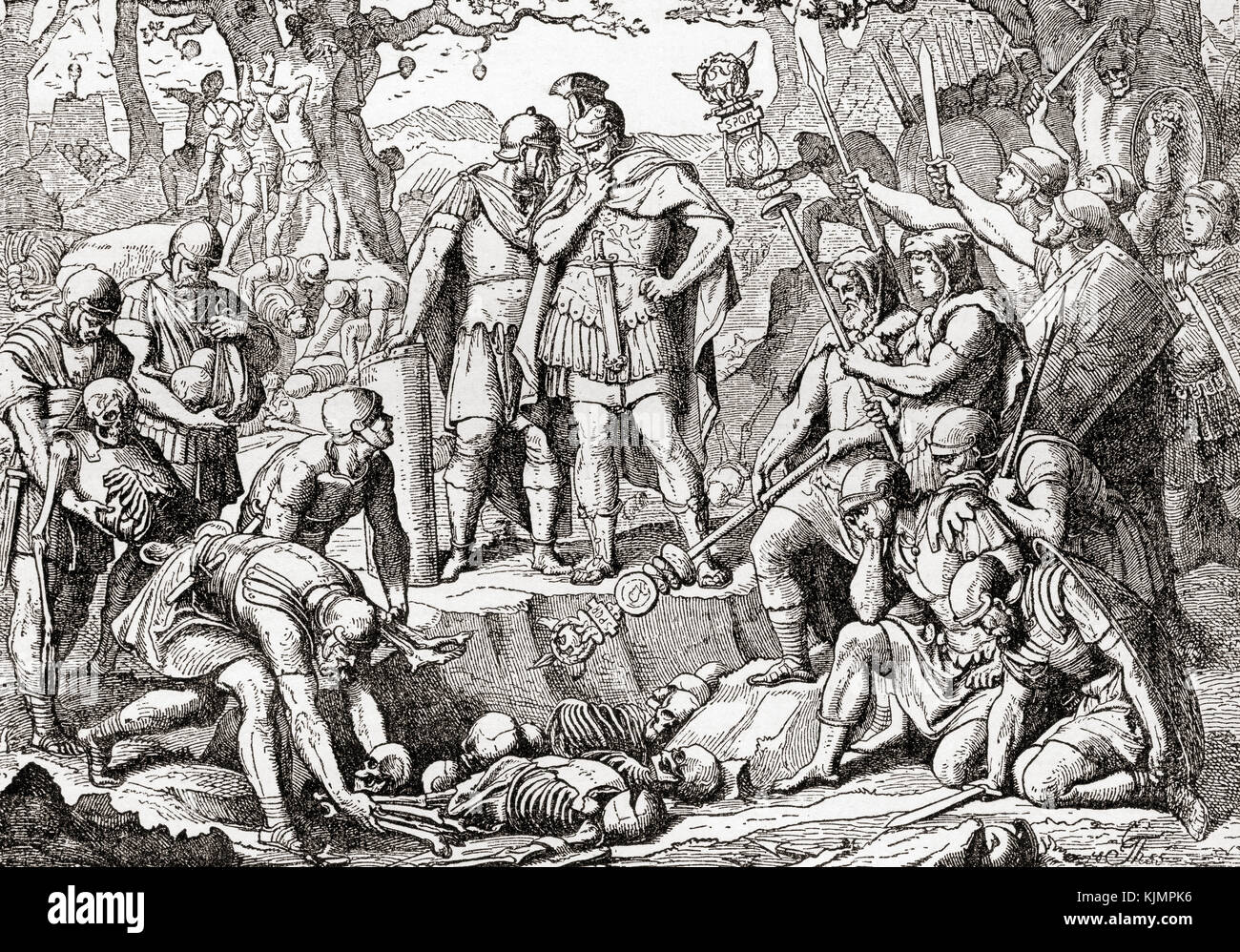 Germanicus enterre les os des Romains tués lors de la bataille de la forêt de Teutoburg, 9 AD. Germanicus, alias Germanicus Jules César, 15 av. J.-C. – 19AD. Membre de la dynastie julio-claudienne et général éminent de l'Empire romain. Extrait de l'Histoire illustrée du monde de Ward and Lock, publié vers 1882. Banque D'Images