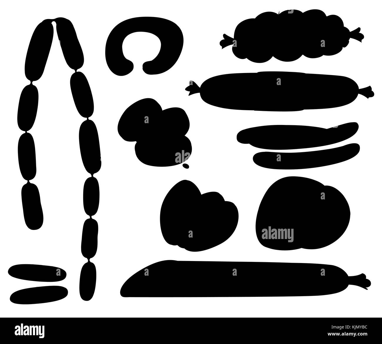 Les produits de viande, saucisses, bacon, jambon, vecteur, boeuf, porc saucisse. isolé sur fond blanc. icône noire saucisse. vector illustration page d'un site web. Illustration de Vecteur