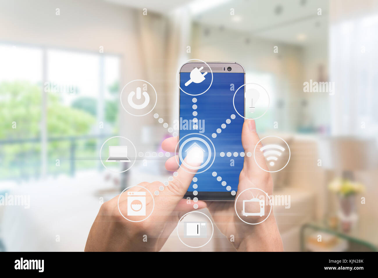 Domotique smart app sur mobile avec votre intérieur en arrière-plan. internet des objets concept à la maison. La technologie Smart 4.0 Banque D'Images