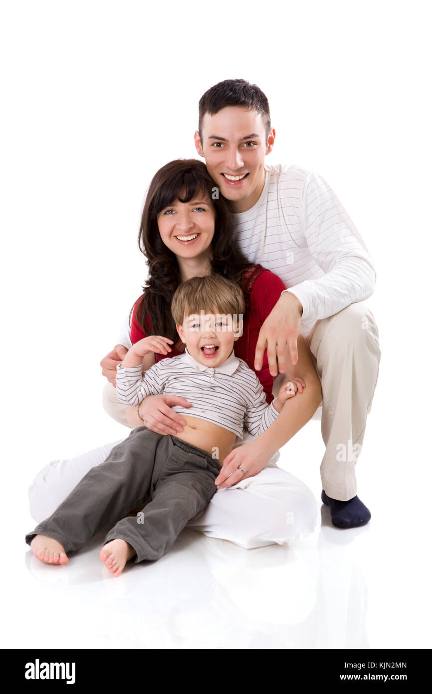 Famille heureuse avec fils, isolated on white Banque D'Images