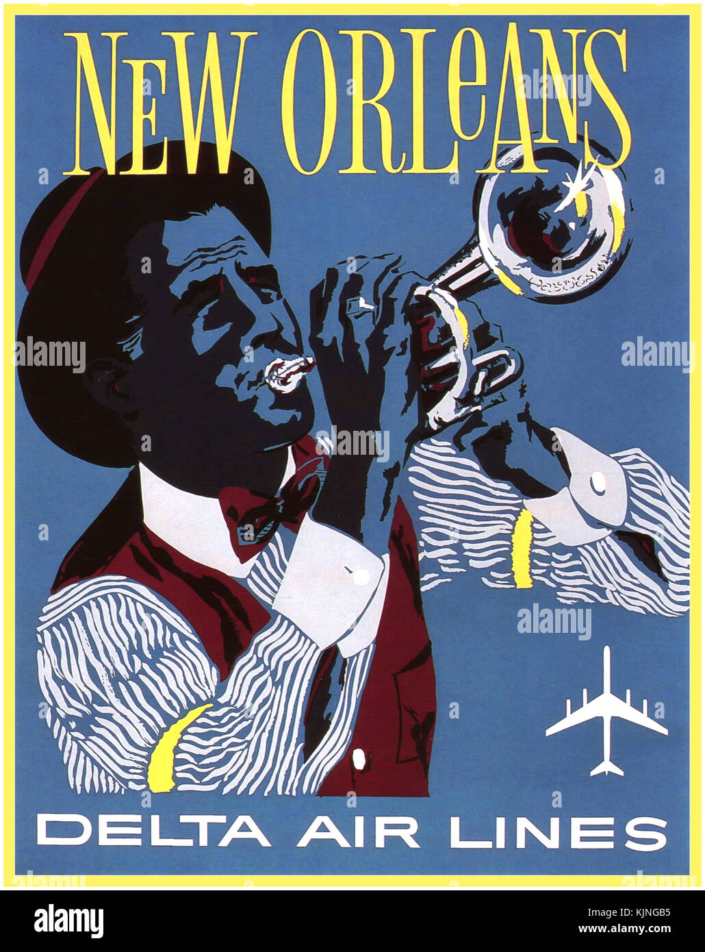 Delta Air Lines Vintage Travel Poster New Orleans 1962 par l'artiste John Hardy avec 'Man' trompette Banque D'Images