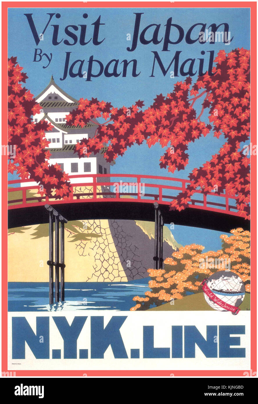 Vintage travel poster 1930 pour N.Y.K Line au Japon. Le Palais Impérial de Tokyo à l'automne "Visiter le Japon Le Japon par Mail N.Y.K. Ligne." illustré par Yoshi, vers 1935. Banque D'Images