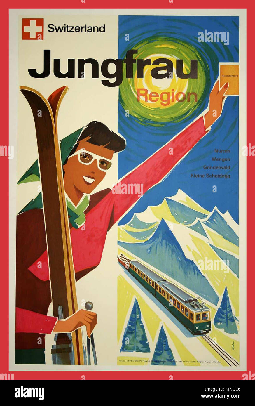 1950 Maison de vacances ski suisse Région de Jungfrau, le ski - Voyage sport Vintage poster Banque D'Images