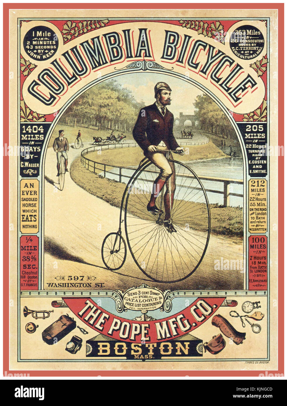 Historique années 1800, Penny Farthing LOCATION BOSTON USA VINTAGE ADVERTISING POSTER RETRO Banque D'Images