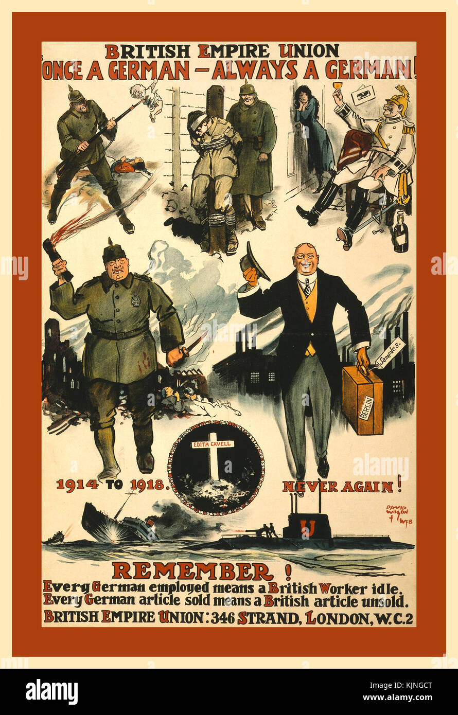 VINTAGE POSTER 1916 LA PROPAGANDE ALLEMANDE CONTRE L'Empire britannique Union européenne (BEU) a été créé au Royaume-Uni pendant la Première Guerre mondiale, en 1916, après avoir changé son nom du sentiment anti-allemand, l'Union qui a été fondée en avril 1915. De décembre 1922 à l'été 1952, elle a publié un journal ordinaire. Il se leva pour le patriotisme, la réforme sociale, la paix industrielle, la promotion de l'Empire et l'anti-socialisme. Banque D'Images
