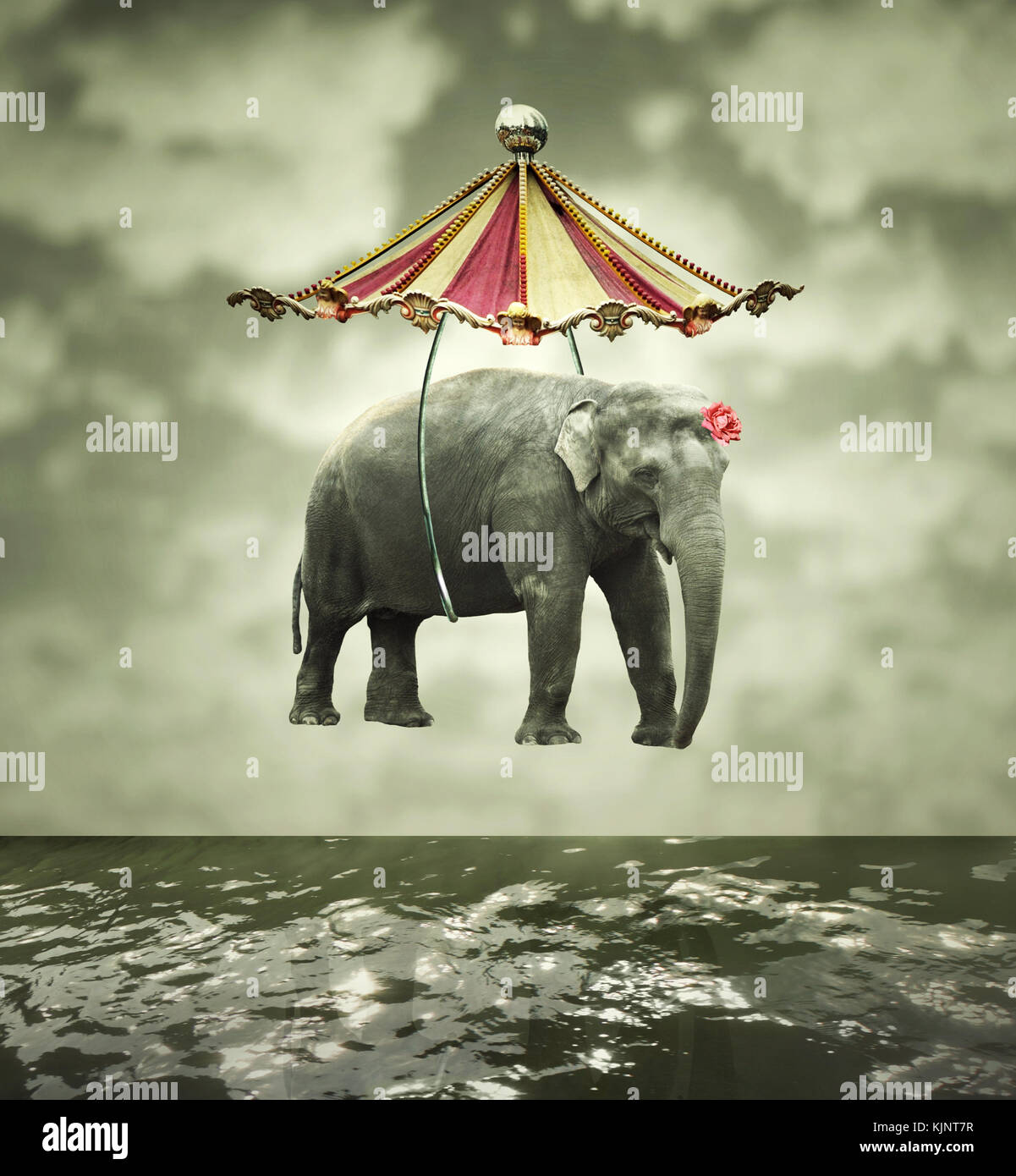 Image artistique et fantaisiste qui représentent un éléphant volant avec tente de cirque au-dessus de l'eau Banque D'Images