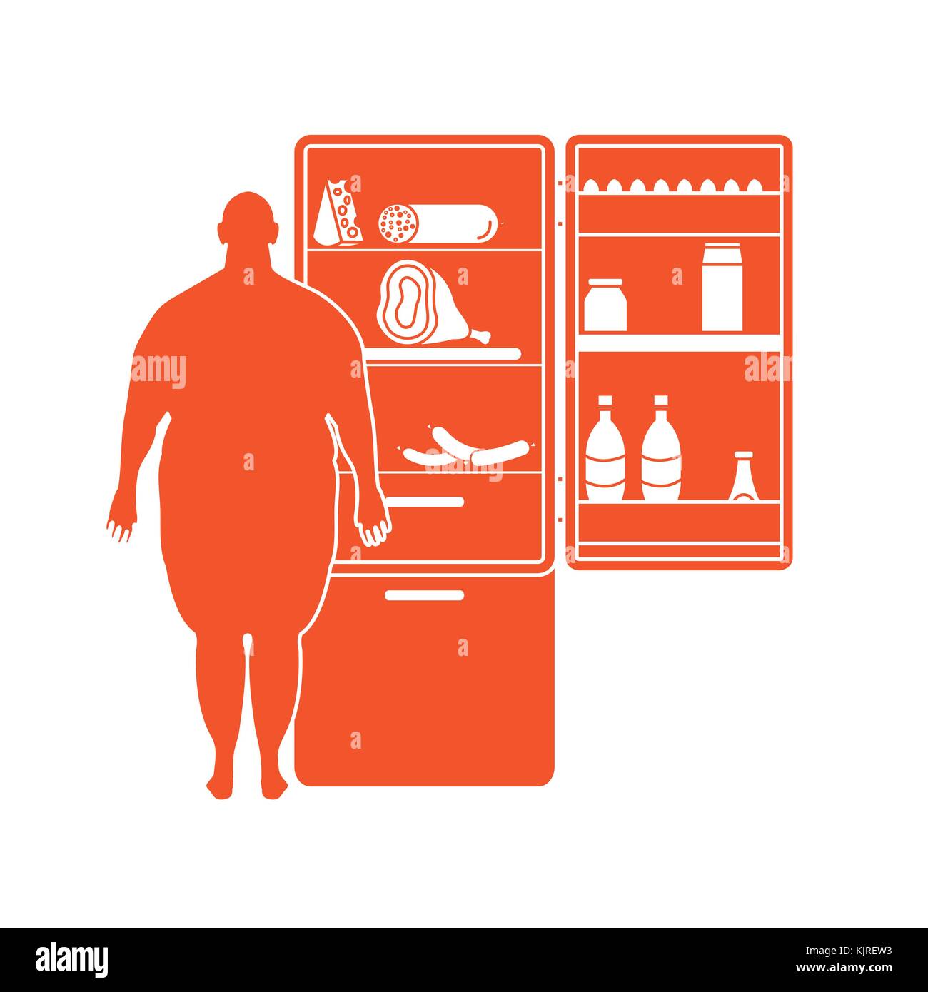 Fat Man est à l'un réfrigérateur plein de nourriture. Les habitudes alimentaires. pour la conception et l'impression de bannières. Illustration de Vecteur