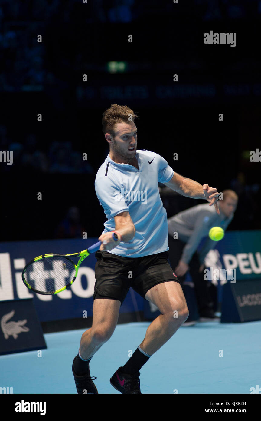 16 novembre 2017. Nitto ATP Finals, Jack Sock (USA) en action contre Zverev lors d'un match de robin. Crédit: Malcolm Park Banque D'Images