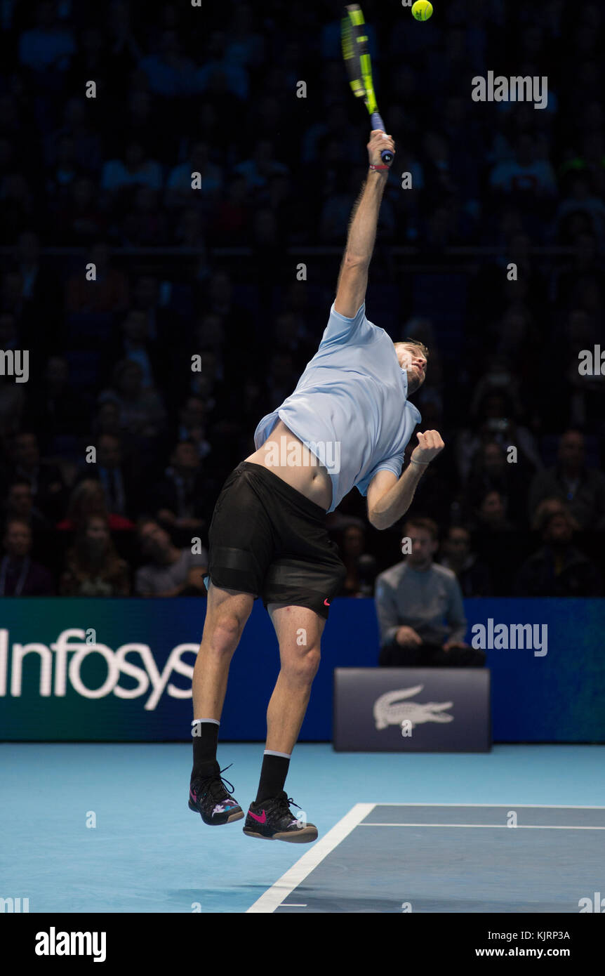 16 novembre 2017. Nitto ATP Finals, Jack Sock (USA) en action contre Zverev lors d'un match de robin. Crédit: Malcolm Park Banque D'Images