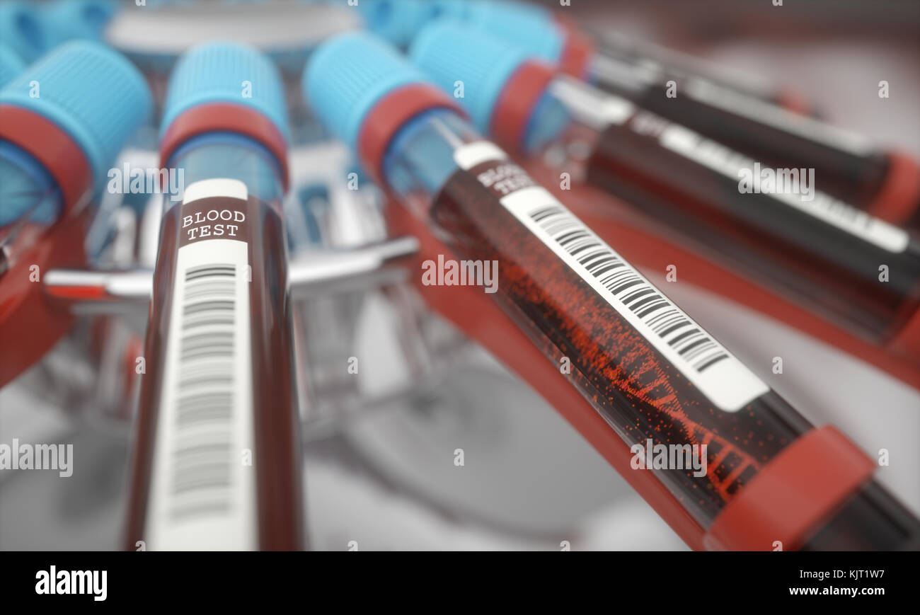 3D illustration, conceptual image. Molécule d'ADN formant à l'intérieur du tube à essai dans le sang l'équipement d'essai. Banque D'Images