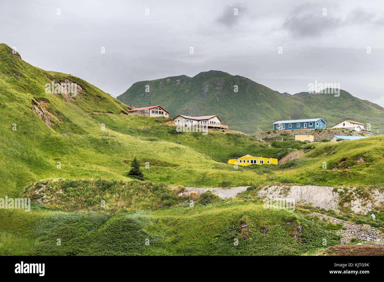 Vue de la chaîne haystack hill, Dutch Harbor, Unalaska, Alaska, USA. Banque D'Images