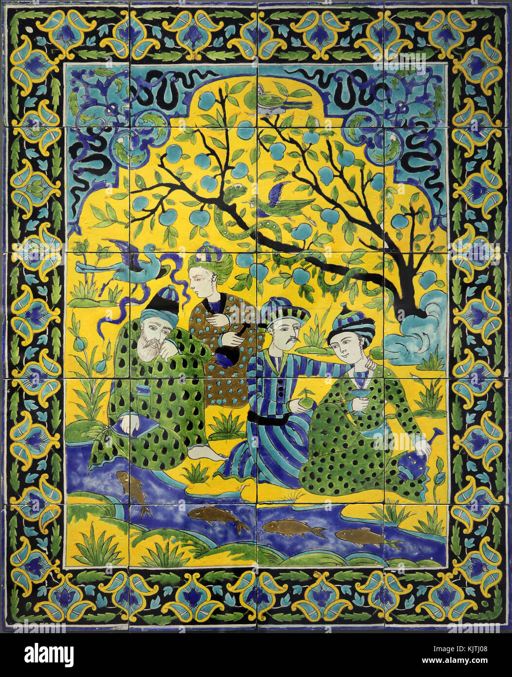 Panneau mural;les hommes sur les rives d'un ruisseau.depuis l'Iran 1700-1800. Banque D'Images