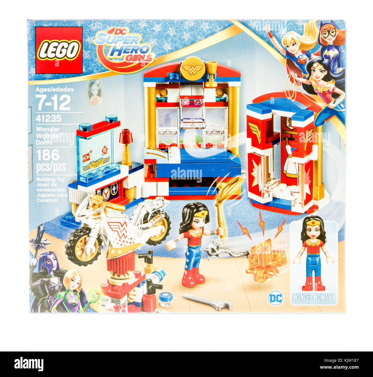 Winneconne, WI - 19 novembre 2017: Une boîte de Lego avec DC Super Hero Girls avec Wonder Woman à Dorm sur un fond isolé. Banque D'Images