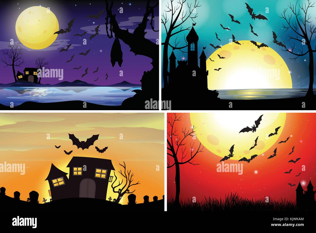 Quatre scènes avec fullmoon de nuit illustration Illustration de Vecteur