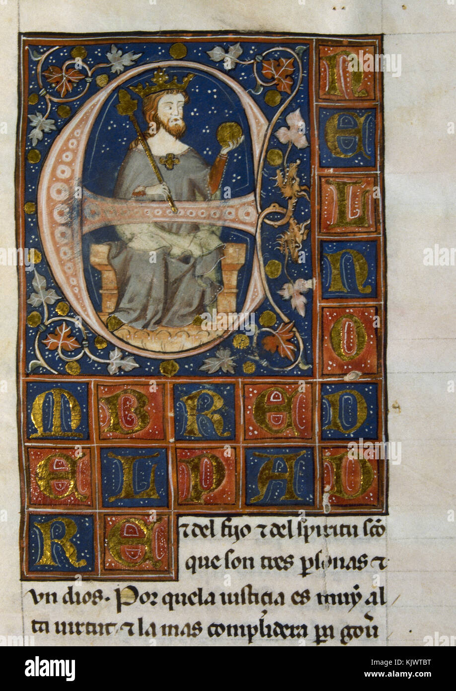 Initiale illuminée d'Alfonso XI de Castille (1311-1350), L'Avenger. Roi de Castille, León et Galice. Ordenamiento de Alcalá. Manuscrit de Nicolas Gonzales, calligraphe de Pedro I. XIVe siècle. Banque D'Images