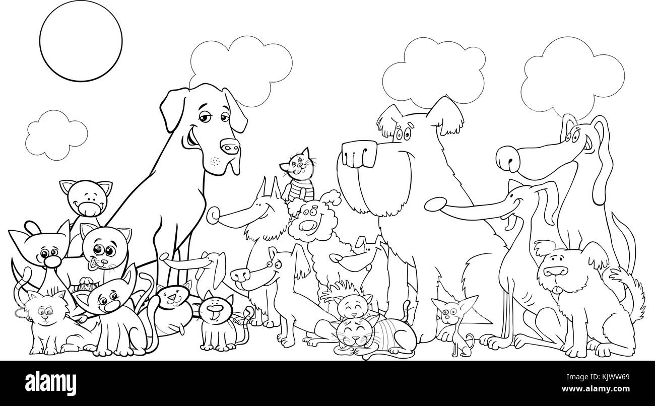 Cartoon noir et blanc illustration de chiens et chats personnages de bande dessinée animal livre à colorier de groupe Illustration de Vecteur