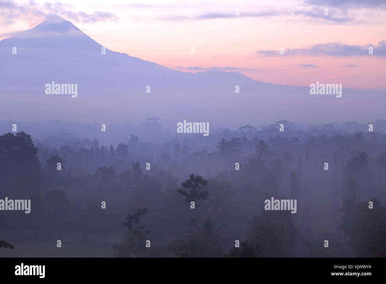 Le soleil se lève en Indonésie près du temple de Borobudur, en donnant un aperçu de la forêt ci-dessous dans un brouillard enshrouded mystère Banque D'Images