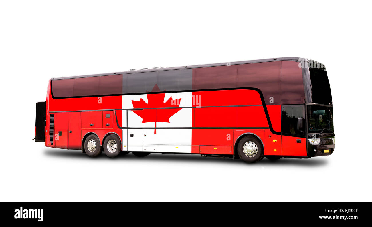 Bus voyage noir avec le drapeau canadien sur le côté isolé sur blanc. clipping path Banque D'Images