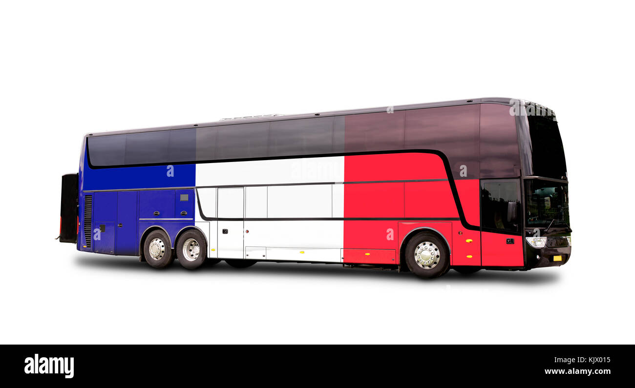 Bus voyage noir avec le drapeau français sur le côté isolé sur blanc. clipping path Banque D'Images