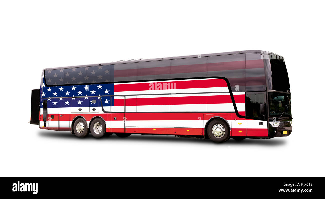 Bus voyage noir avec le drapeau américain sur le côté isolé sur blanc. clipping path Banque D'Images