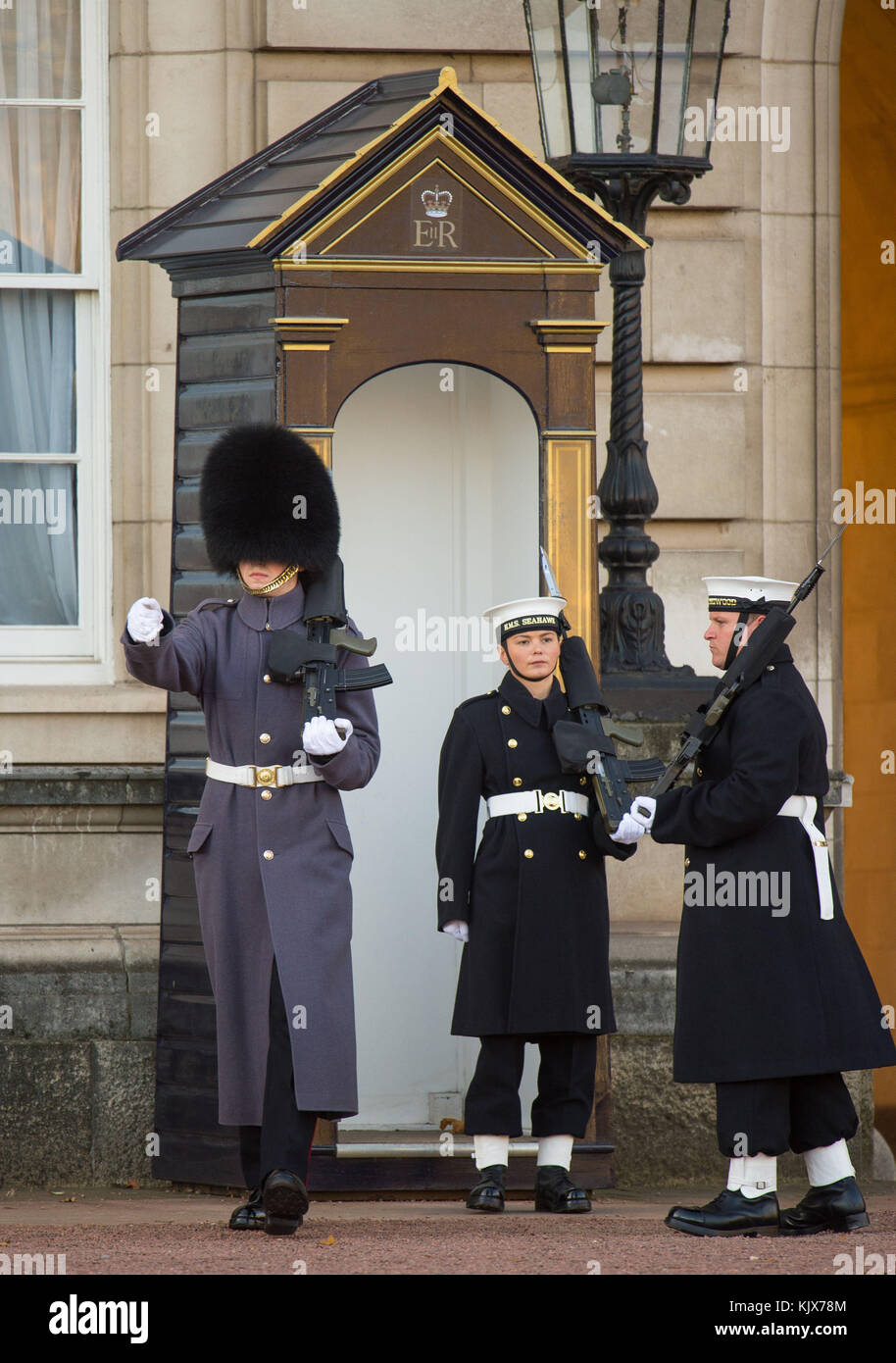 Le couturier Alex Stacey (au centre) prend sa position dans une boîte de sentry, alors que des marins de la Royal Navy exécutent la cérémonie de la relève de la garde à Buckingham Palace, Londres, pour la première fois dans ses 357 ans d'histoire. Banque D'Images