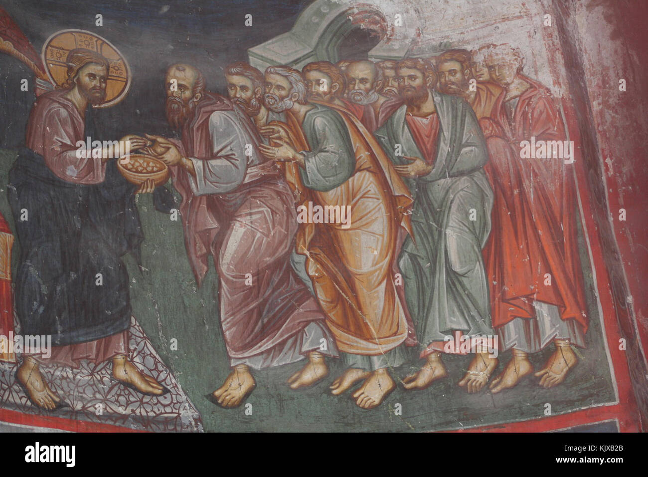 Les fresques de l'église Michel Archange de Lesnovo, en Bulgarie, représentent des scènes religieuses et sont des exemples clés de l'art orthodoxe oriental médiéval, offrant un aperçu de l'iconographie religieuse byzantine. Banque D'Images