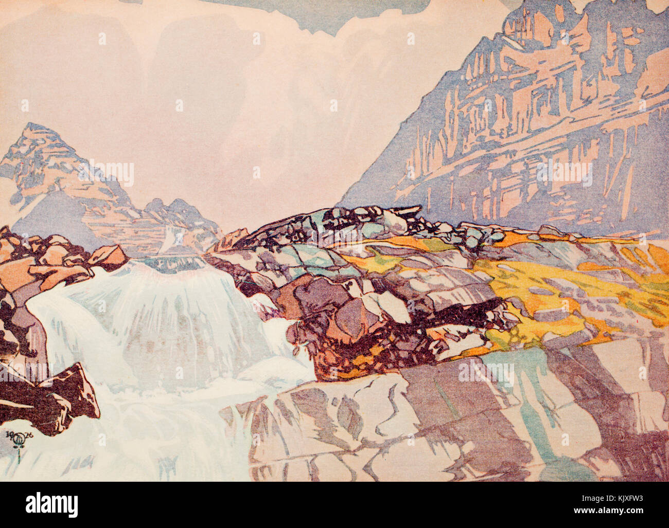 1926 illustration de demi-teintes de couleur gravure sur bois, ruisseau de montagne Banque D'Images