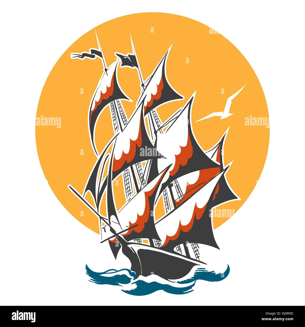 Navire à voiles emblème. vieux wessel dans l'océan orageux. vector illustration. Illustration de Vecteur