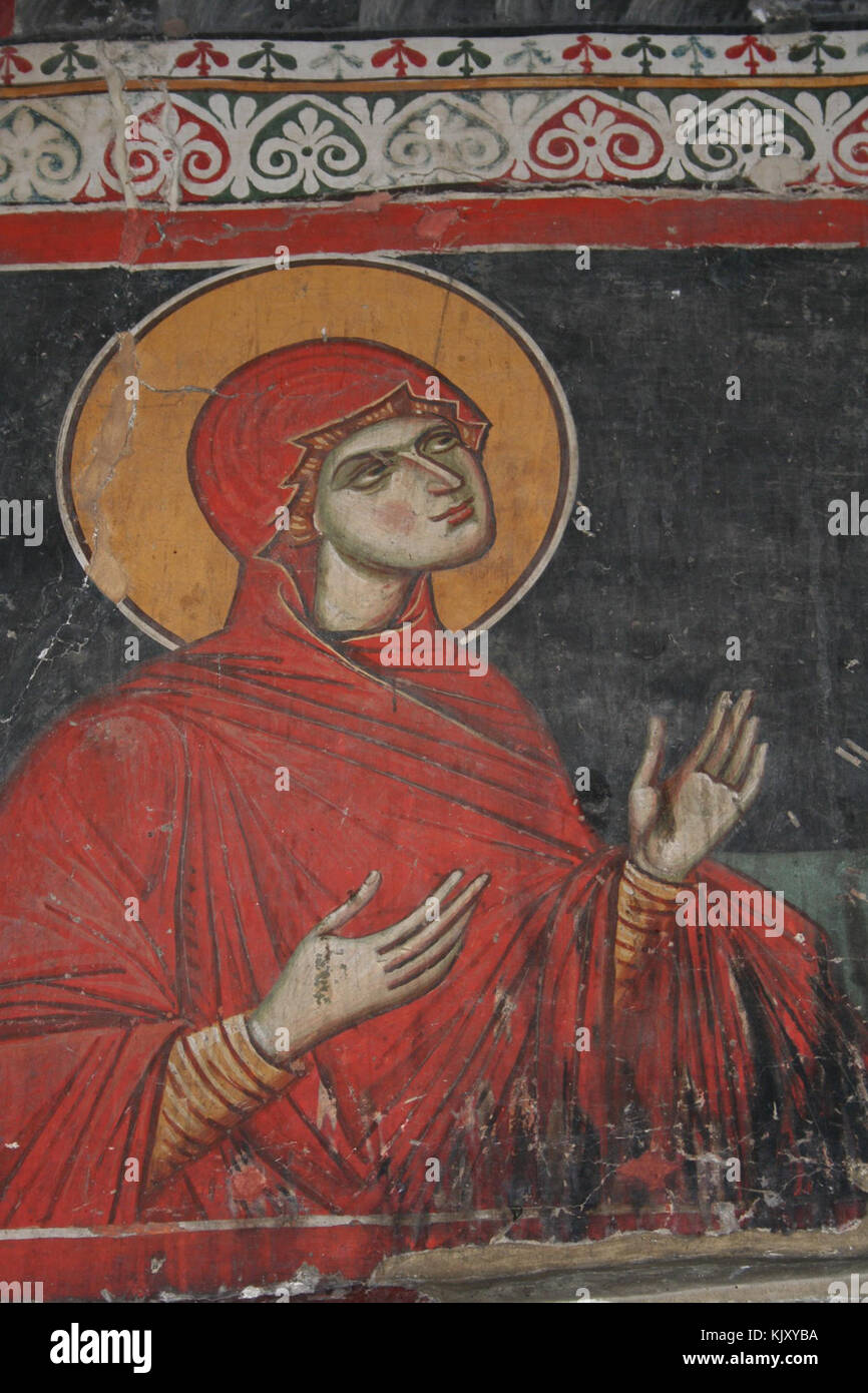 Ces fresques proviennent de l'église Michel l'Archange à Lesnovo, Bulgarie. Ils représentent des scènes de l'histoire religieuse, mettant en valeur les œuvres d'art complexes trouvées dans les églises chrétiennes orthodoxes. Banque D'Images