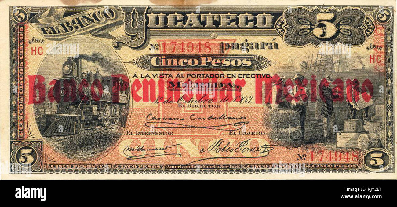 Ceci est une image d'un billet de 5 pesos de Banco Yucateco, représentant une revente de la Banco Peninsular Mexicano, illustrant le verso. Le billet reflète la monnaie utilisée au Mexique, capturant un morceau de l'histoire financière de la région de Yucatán. Banque D'Images