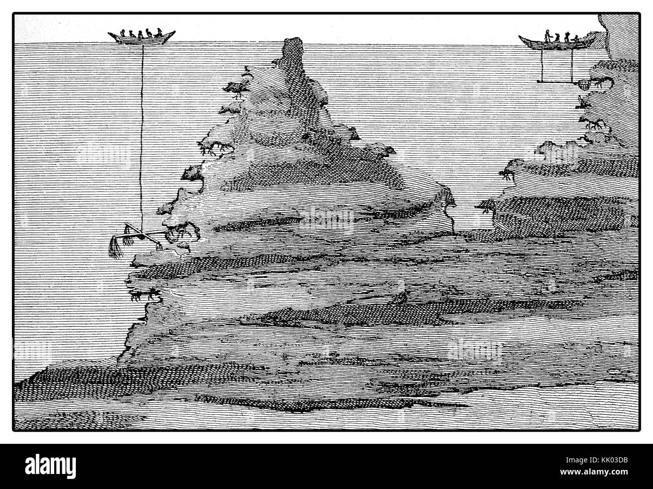 Filets de pêche au corail fonctionnant du bateau à la récolte des coraux, illustration vintage Banque D'Images