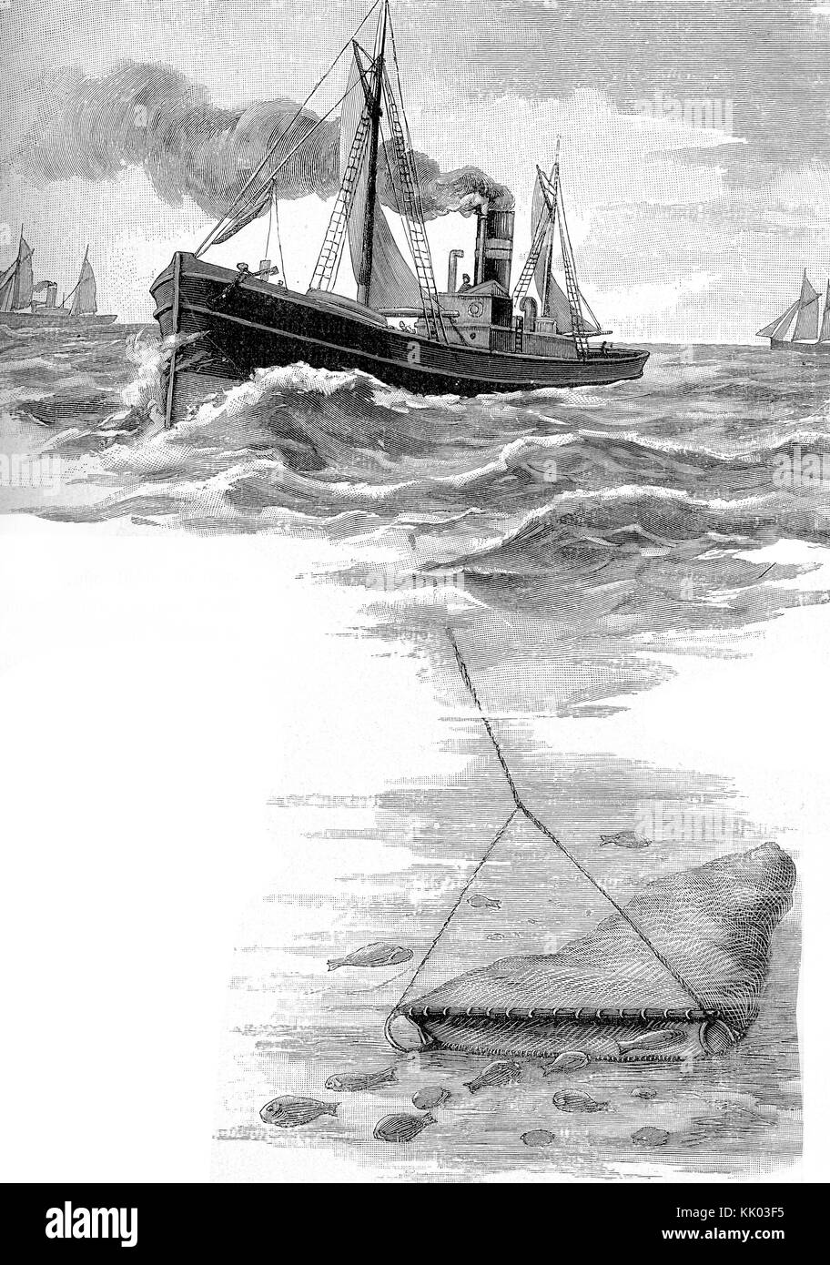 Bateau à vapeur de pêche de la mer du Nord avec un grand dragnet profond sous l'eau, gravure vintage Banque D'Images