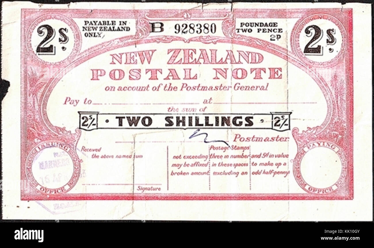 New Zealand 1953 2 shillings Note Postal Banque D'Images