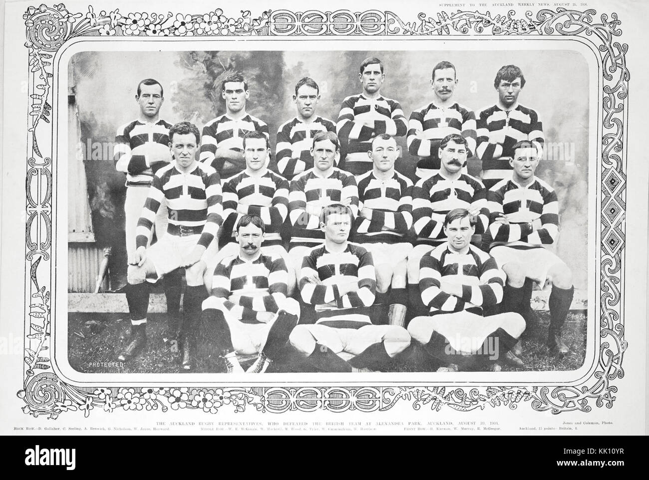 Cette photographie capture l'équipe de rugby d'Auckland de 1904, qui a joué contre l'équipe des îles britanniques dans un match de rugby du début du XXe siècle. Banque D'Images